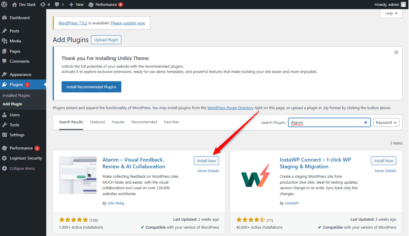Atarim in the WordPress plugin search results with Install Now available