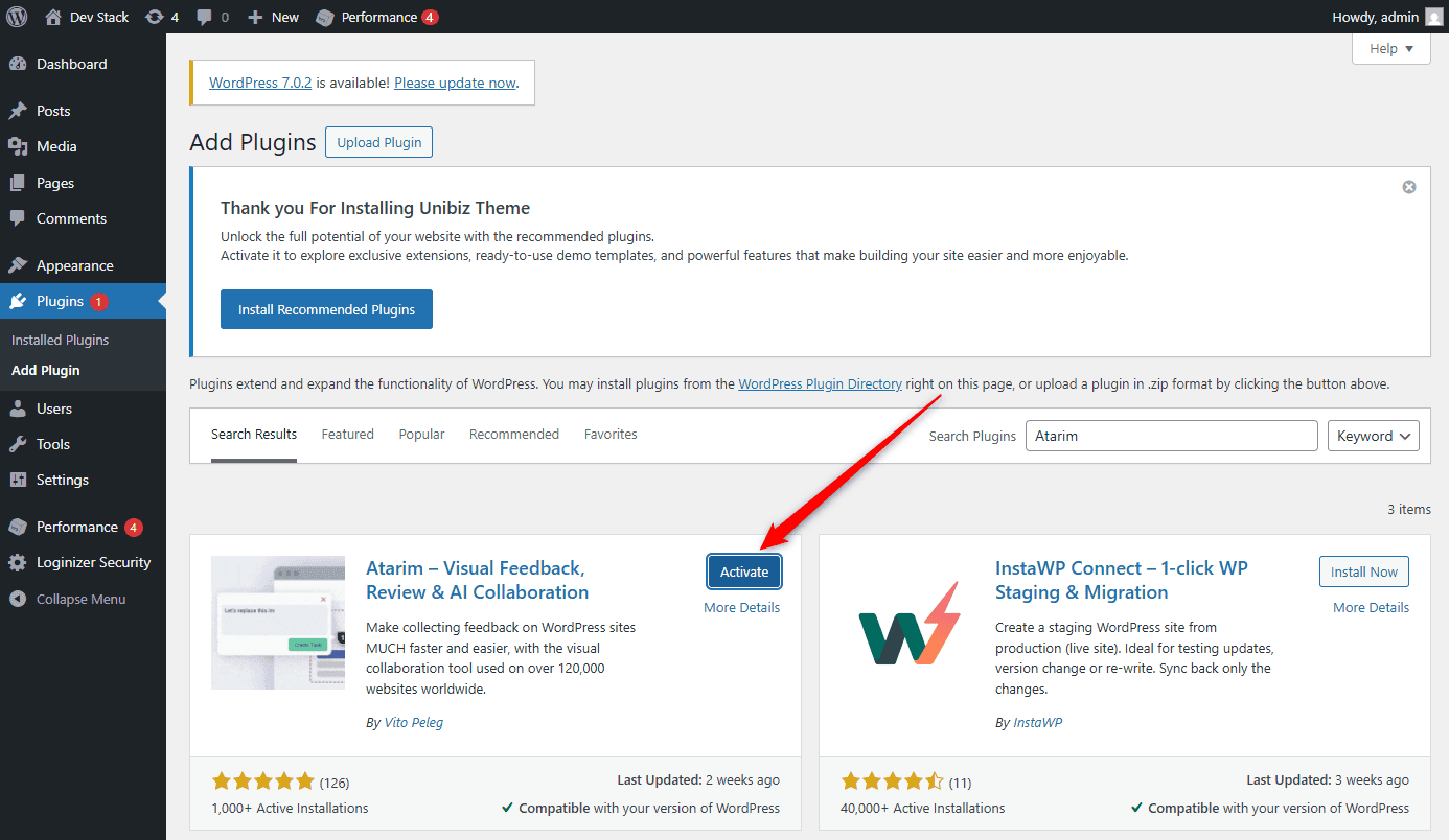 Atarim plugin installed with the Activate button showing