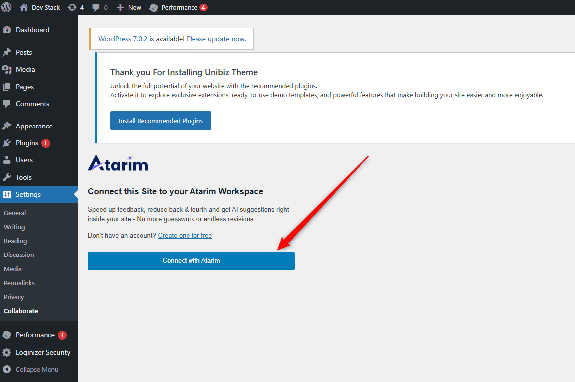 Connect with Atarim button on the plugin setup screen