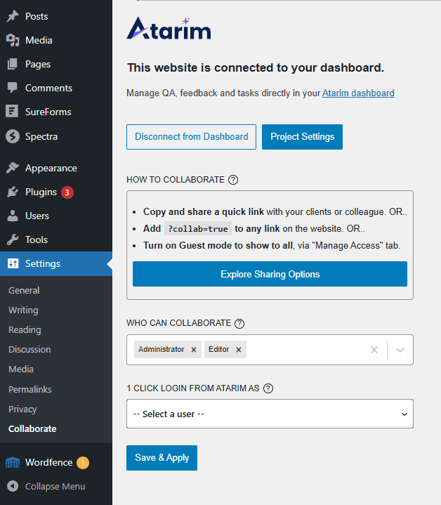 Atarim plugin settings under Settings and Collaborate
