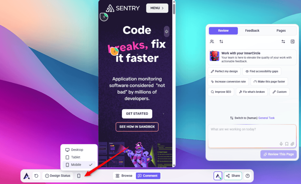 Responsive mode showing the mobile view