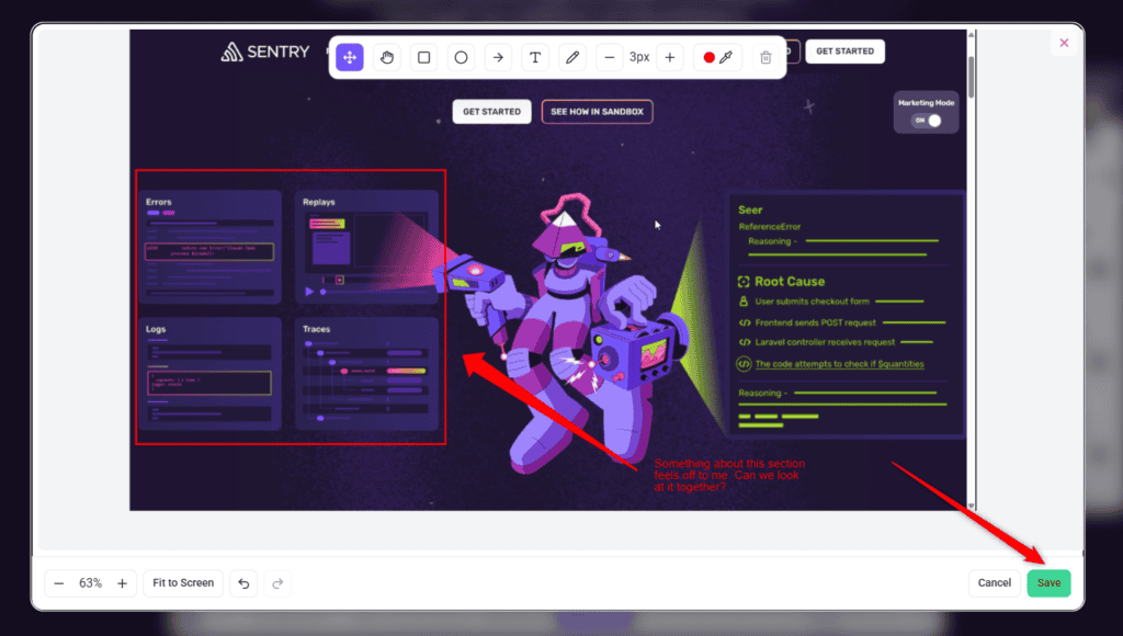 The Atarim annotation editor with a marked-up screenshot ready to publish