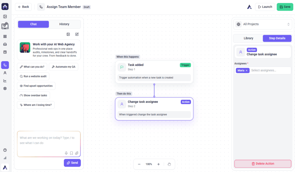 An Atarim workflow with a Change task assignee step