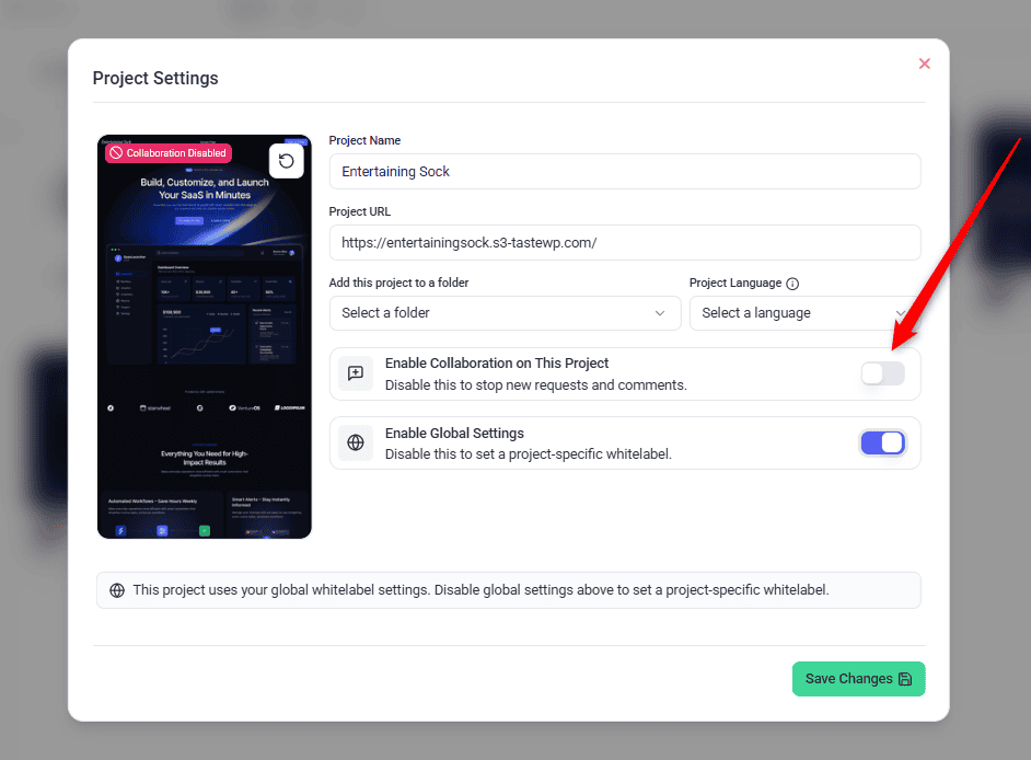 The Enable Collaboration on This Project switch in Atarim Project Settings