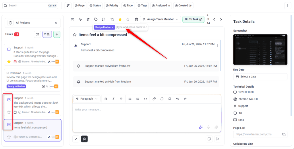 The Task Tags control on the Atarim bulk toolbar, applying tags to several selected tasks