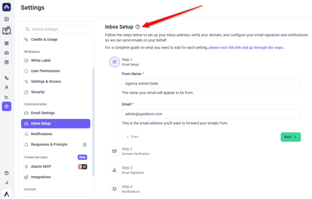 The Inbox Setup wizard in Atarim, showing the Domain Verification step with forwarding address and DNS records
