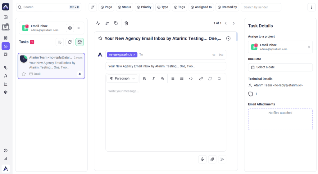 The email composer in Atarim showing the To field with cc and bcc controls, plus Subject