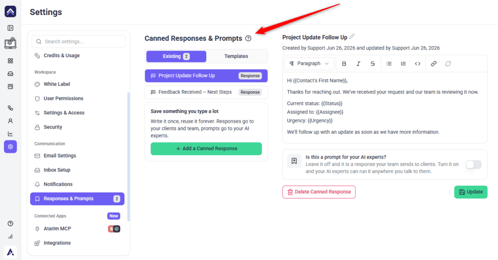 The Create A New Canned Response modal in Atarim, with Name, Content, and Insert Variable