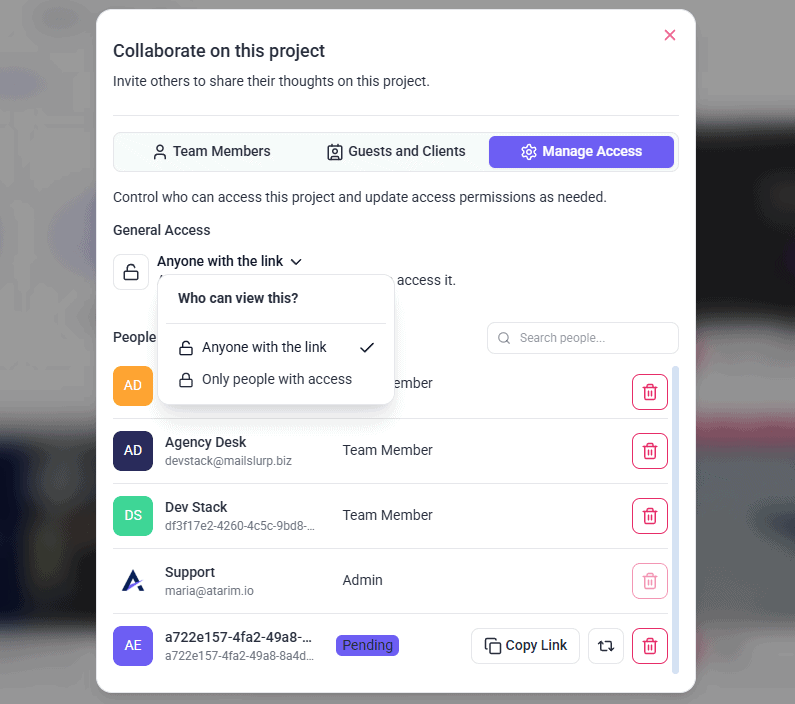 The Manage Access tab of the Collaborate on this project sharing modal in Atarim