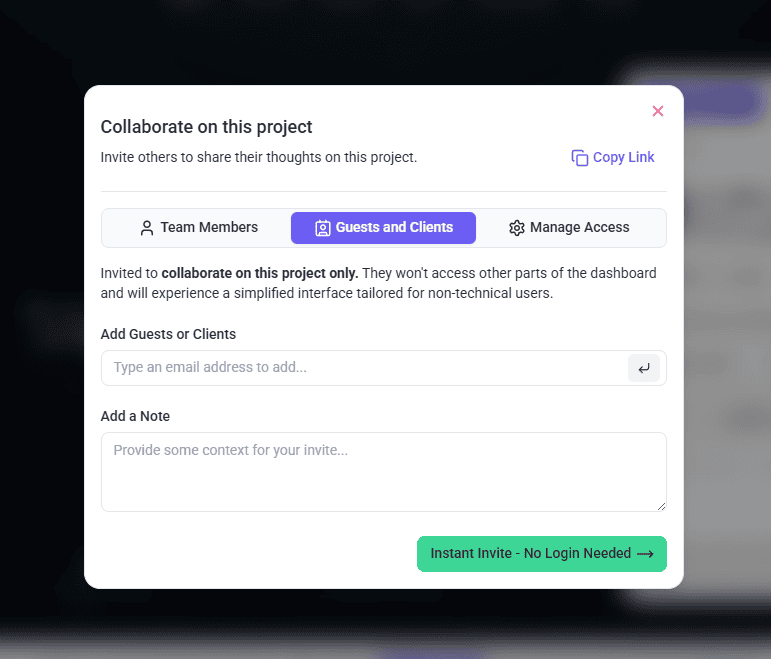 The fields for inviting a client or guest to an Atarim project, with an email address and a note
