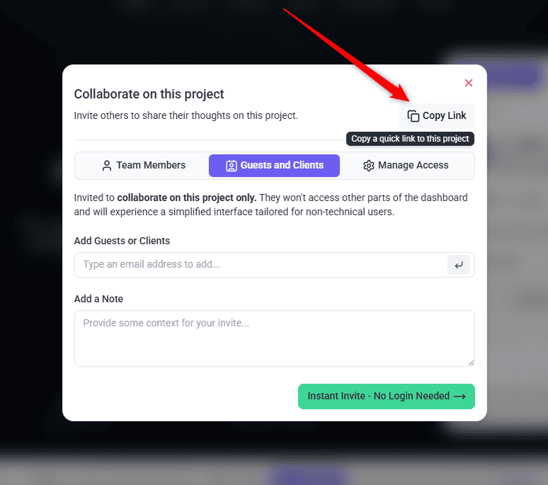 The Copy Link control in the Atarim share modal header