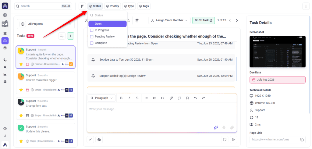 The priority filter open on the Atarim task list, showing Low, Medium, High and Critical