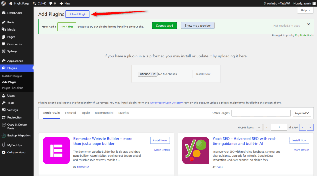 The Add New Plugin screen in WordPress admin