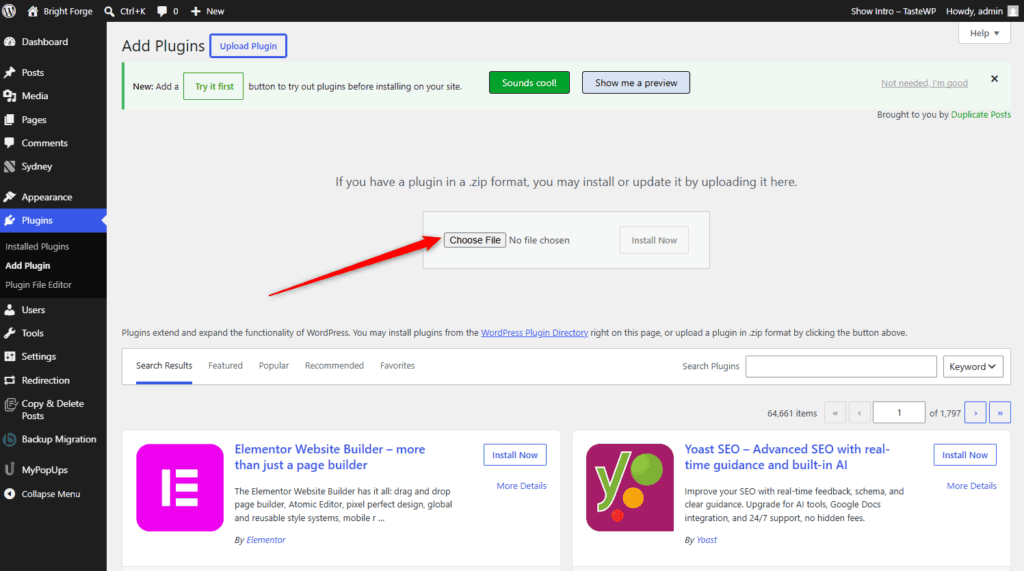 Uploading the Atarim plugin zip file in WordPress