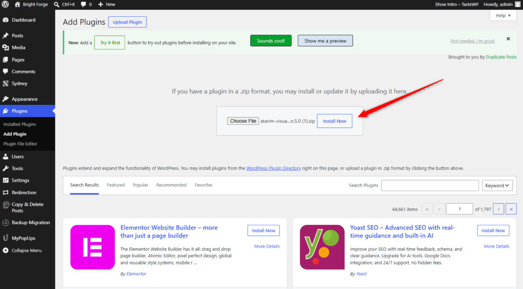Choosing Install WordPress Plugin from the Add Snippet options
