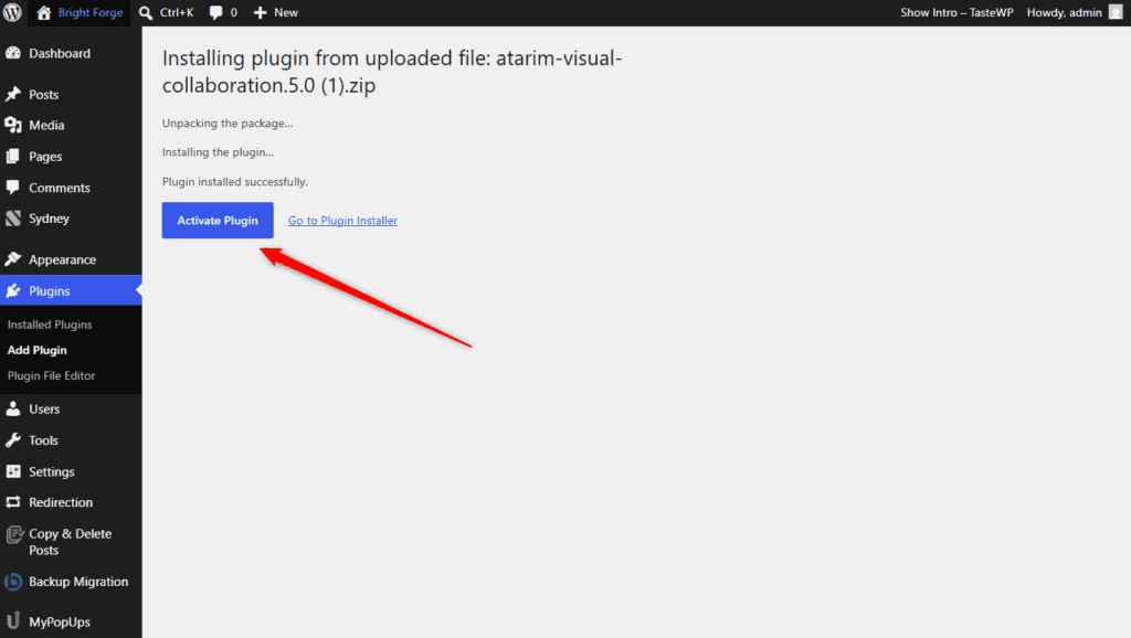 Activating the uploaded Atarim plugin in WordPress