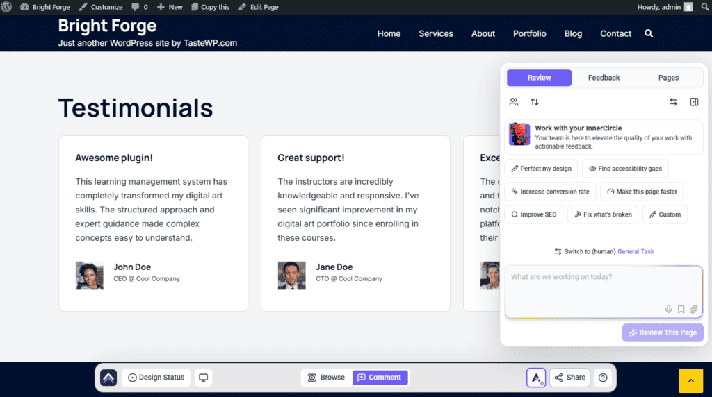 The Atarim dashboard completing the plugin connection