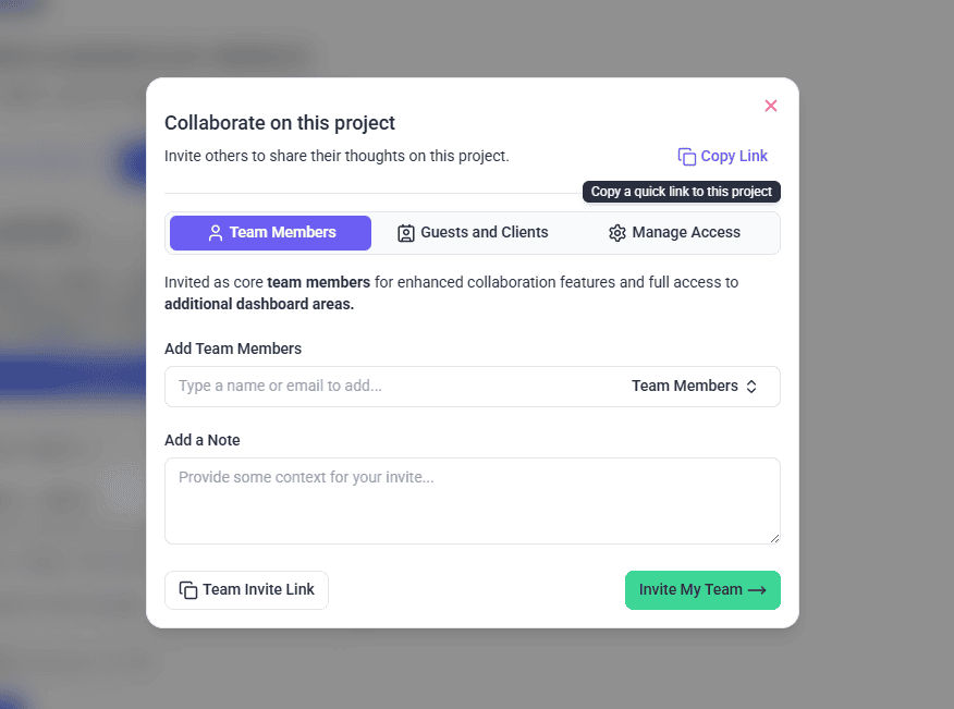 The Atarim sharing panel opened from WordPress, with options to add team members and copy a link