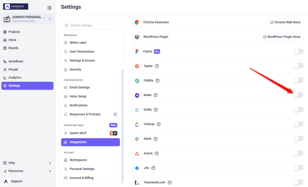 The Integrations panel in Atarim settings with the Make toggle
