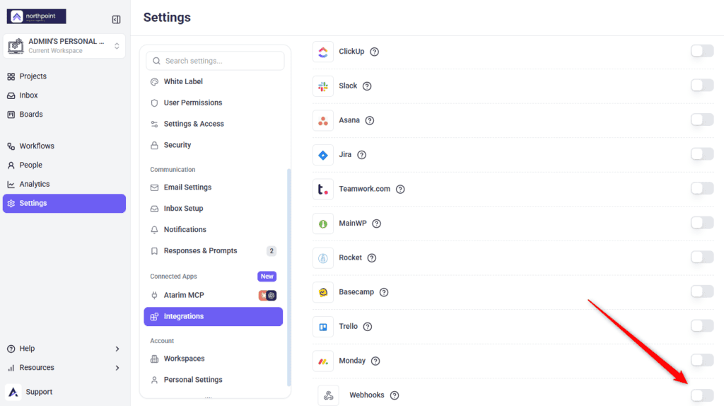 The Webhooks section in Atarim settings, showing the outgoing and incoming lists