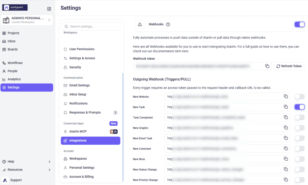 An outgoing webhook event row in Atarim with its URL, copy control and switch