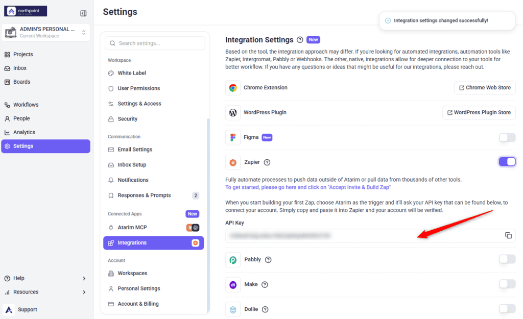 The API Key field in Atarim's Zapier integration, with its copy icon