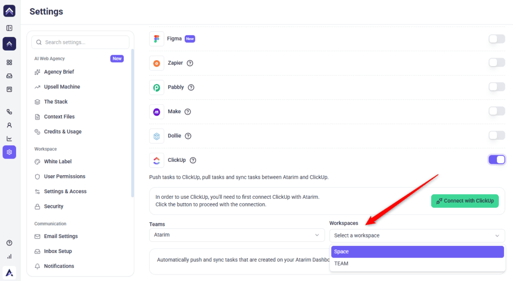 The Workspaces selector in Atarim's ClickUp configuration