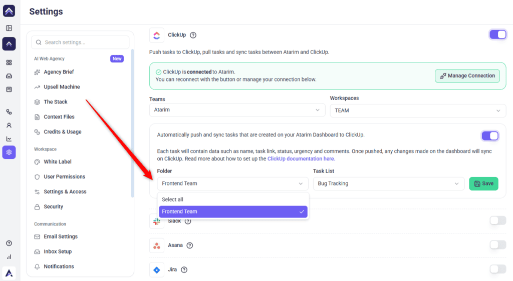 The Folder selector in Atarim's ClickUp configuration