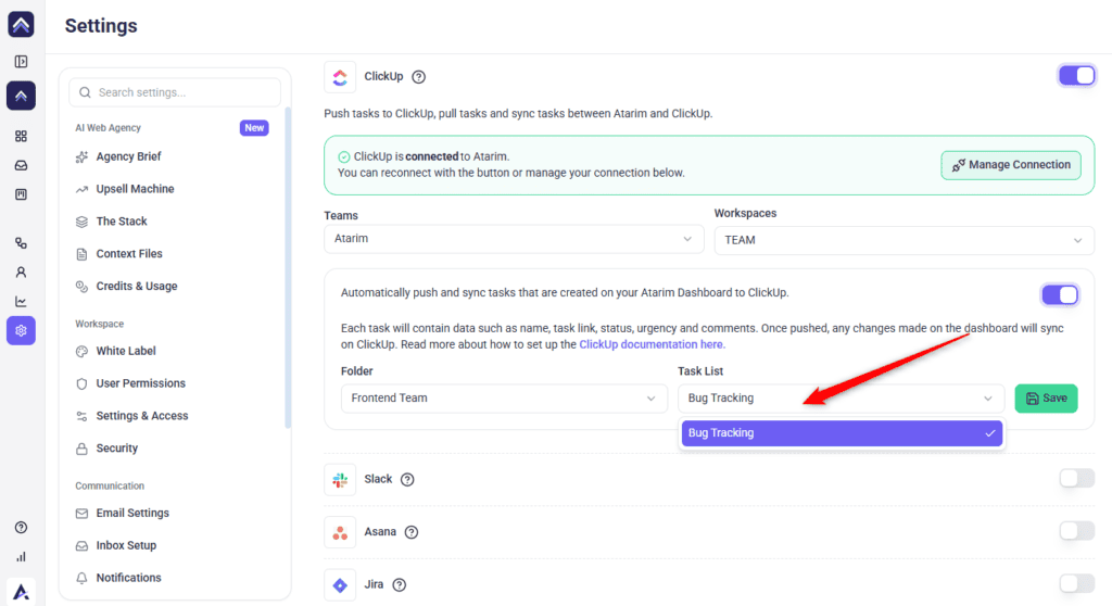 The Task List selector in Atarim's ClickUp configuration