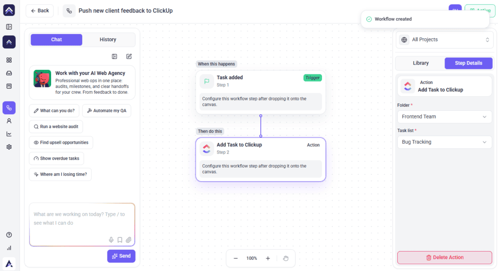 The ClickUp action being configured in an Atarim workflow
