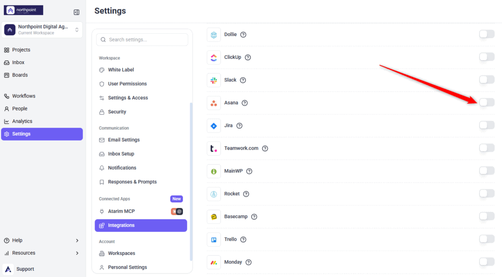 The Asana row in Atarim's Integrations panel with its toggle