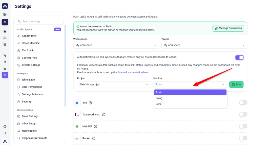 The Section selector in Atarim's Asana configuration