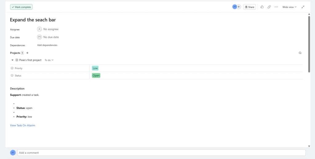 The configured Asana project and section