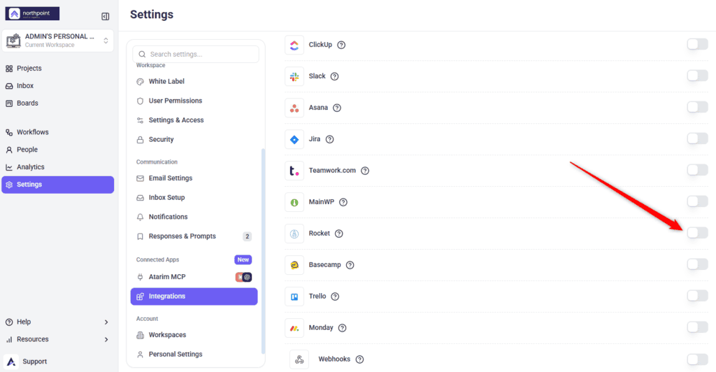 The Rocket row in Atarim's Integrations panel with its toggle