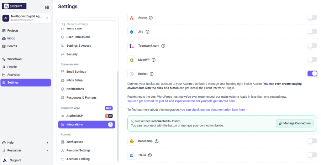 Atarim connected to a Rocket.net account, with hosting options available