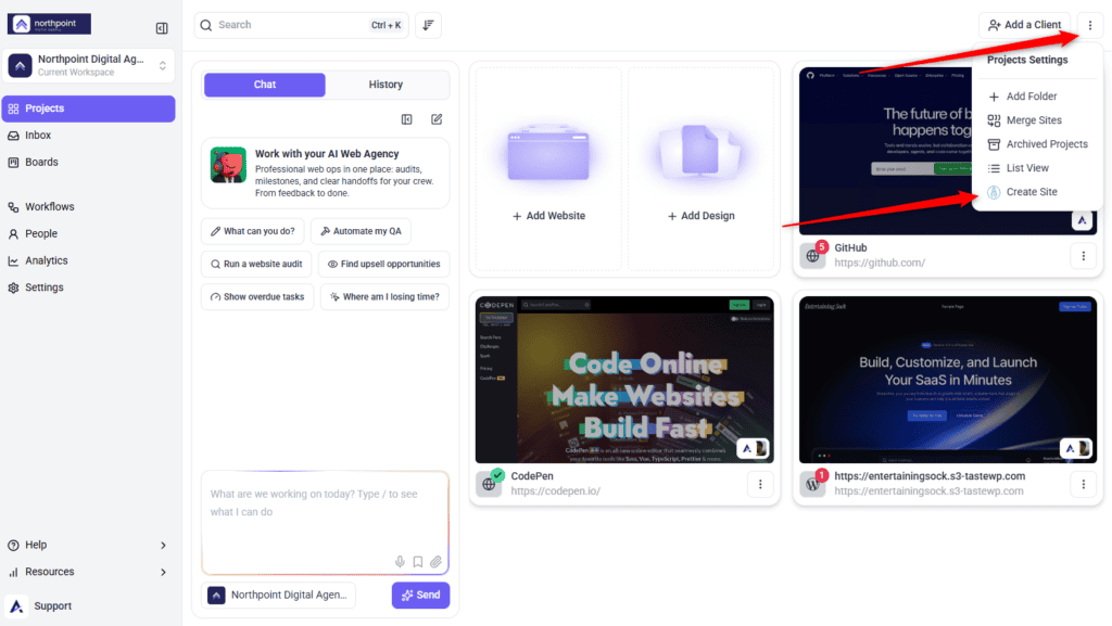 The Create Site button on the Websites screen