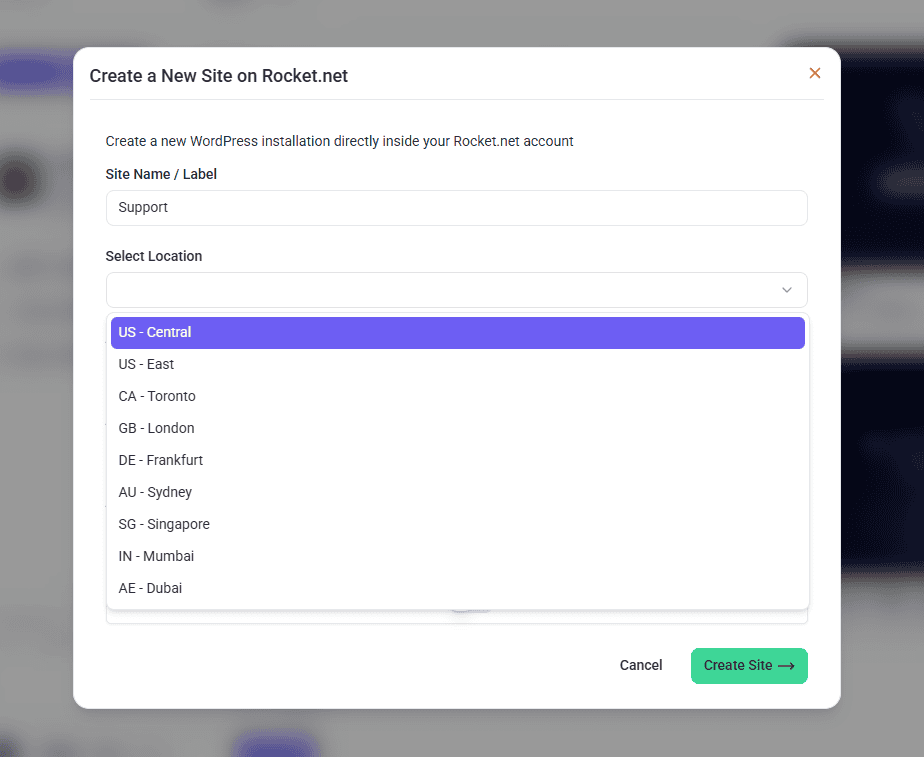 The staging environment creation pop-up with the Site Name and Select Location fields