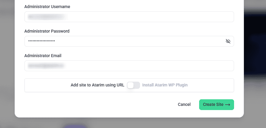 The Administrator Username, Password and Email fields in the creation pop-up