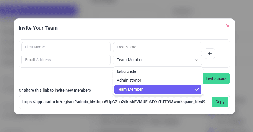 The Invite Your Team window with name, email and role fields