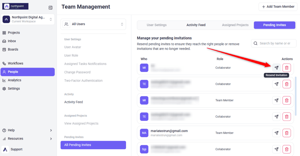 The Pending Invites tab showing the Who, Role and Actions columns
