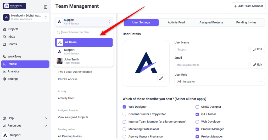The team member picker at the top of the left column