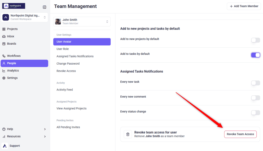 The Revoke team access section on the User Settings tab