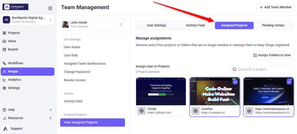 The Assign User to Projects search field on the Assigned Projects tab