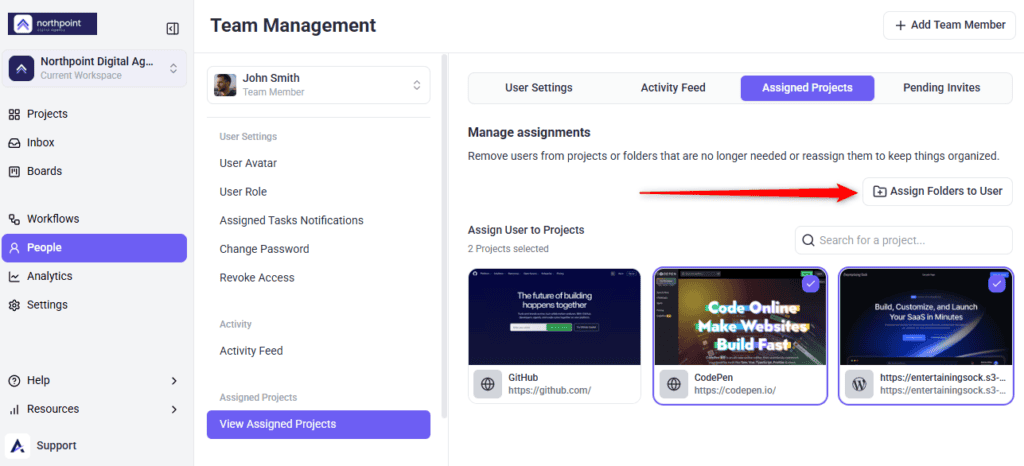 The Assign Folders to User option on the Assigned Projects tab