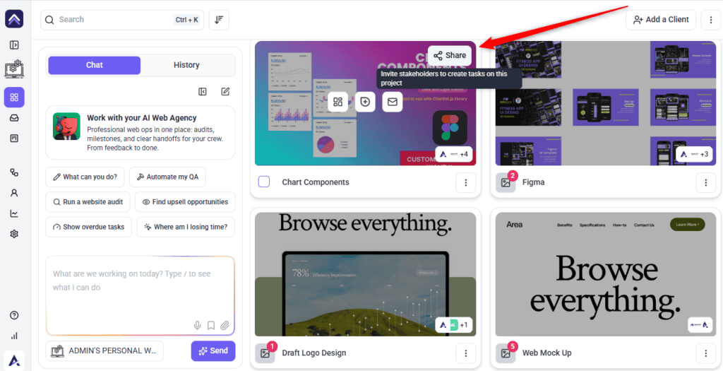 The Share control opened on a design in Atarim