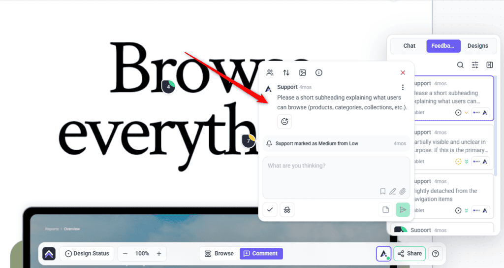 A reviewer leaving feedback on a design in Atarim
