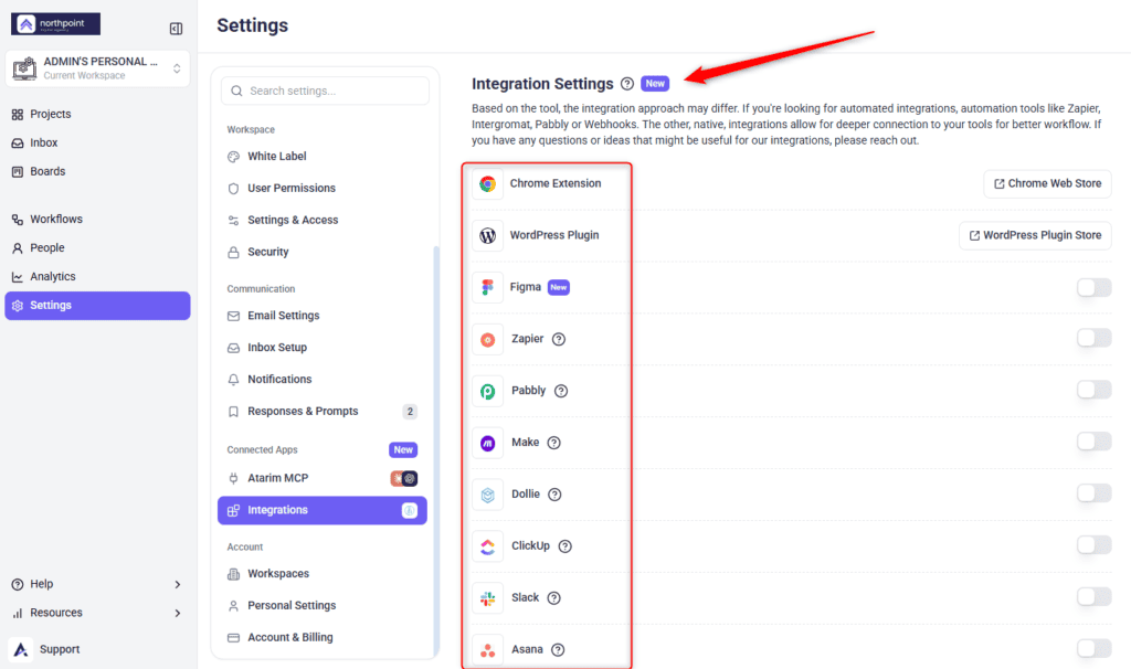 The Integrations panel in Atarim settings
