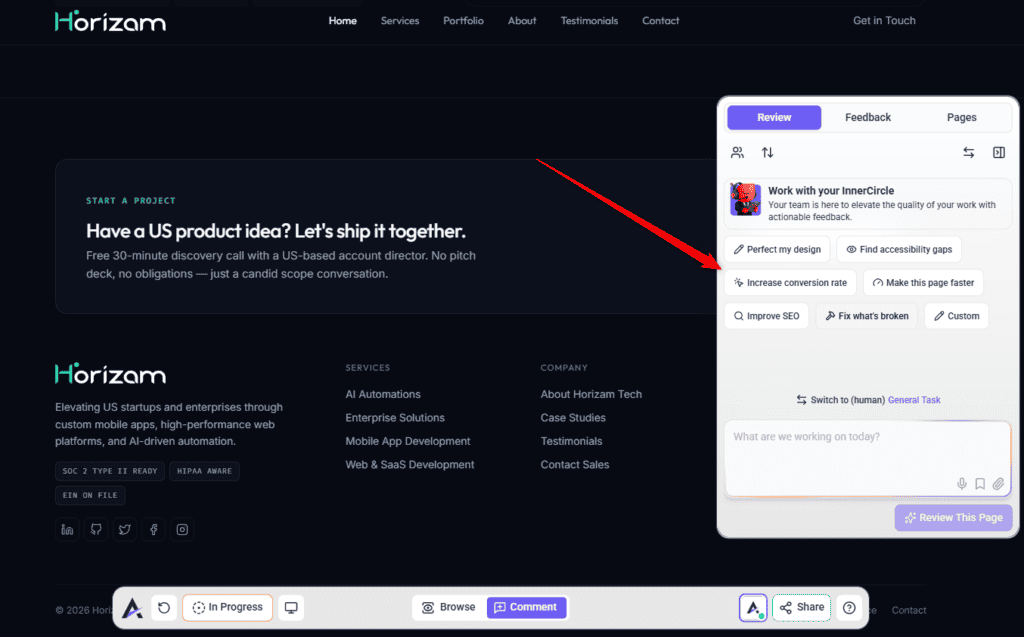 A page review being run from the sidebar in Atarim