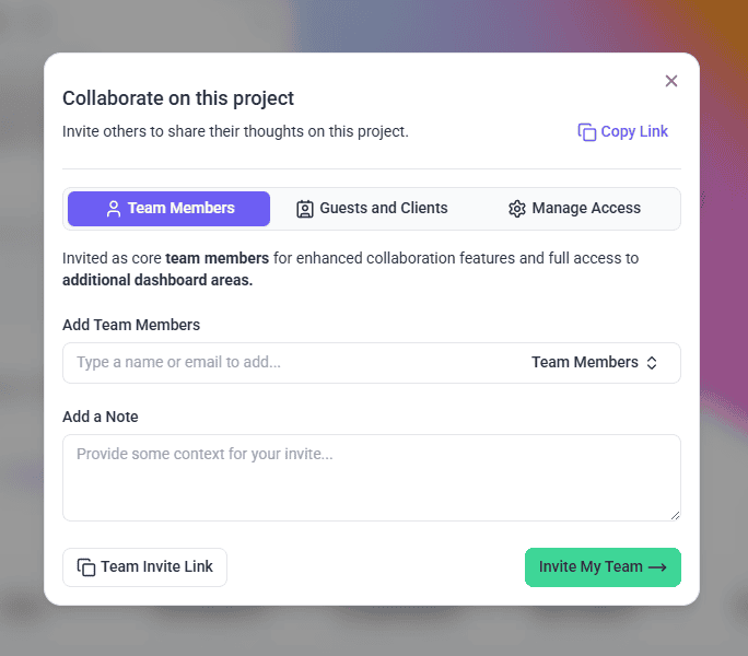 The team invitation section of the Share window