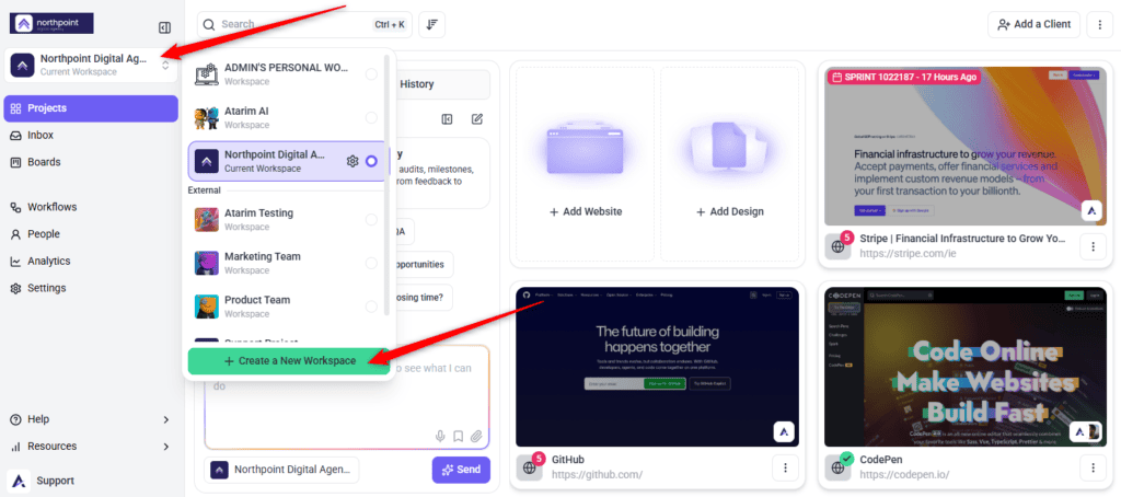 Projects organised by workspace in the Atarim dashboard